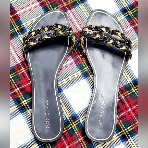 SZ 11 RACHEL ZOE BLACK AND GOLD FLAT THONG SANDALS - Picture 2 of 5